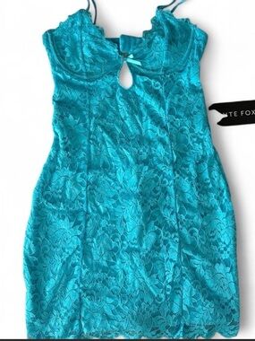 White Fox Blue Teal Lace Mini Dress with Keyhole Detail